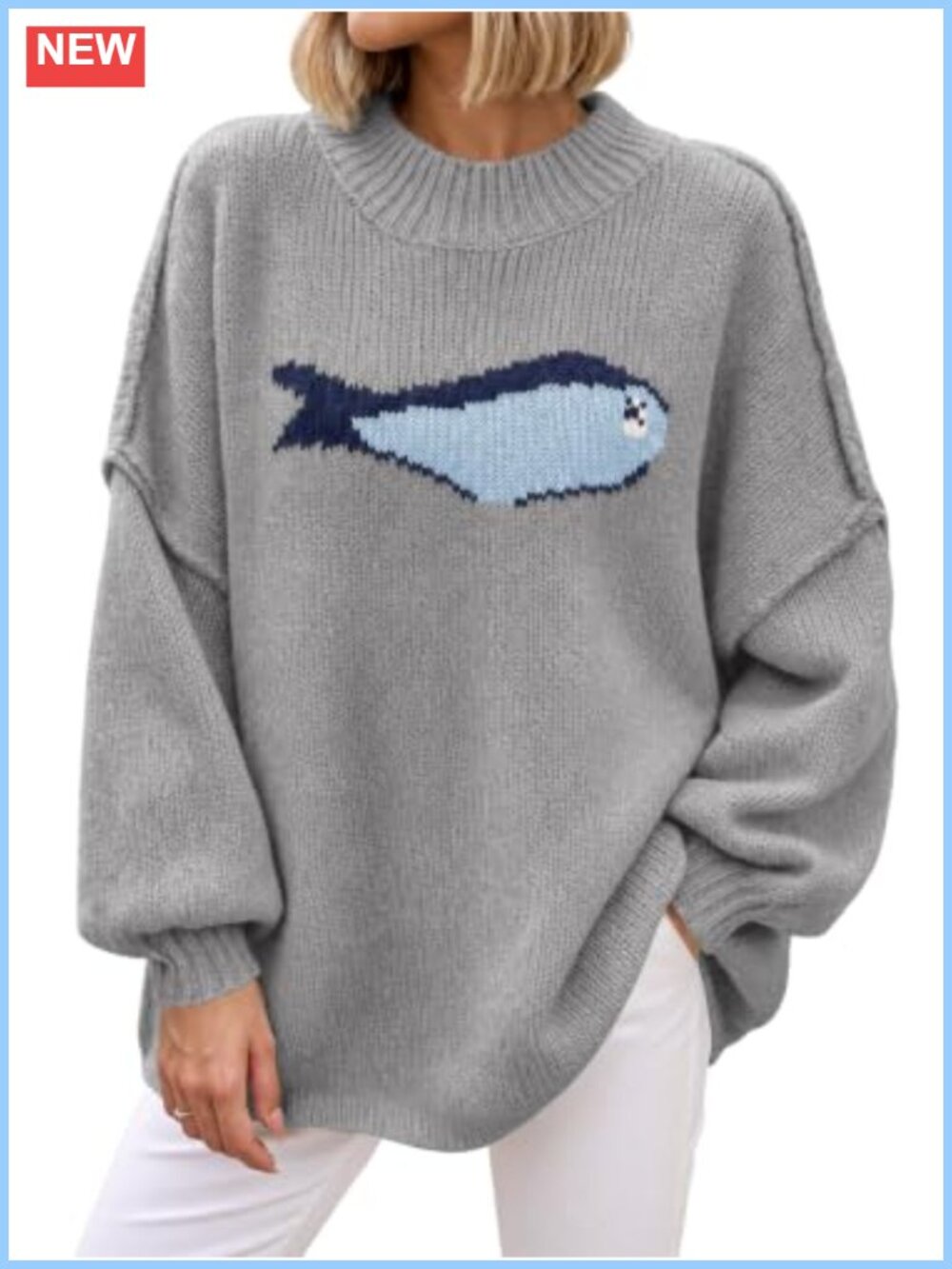Chunky Knit Fish Graphic Mock Neck Oversized Pullover Sweater